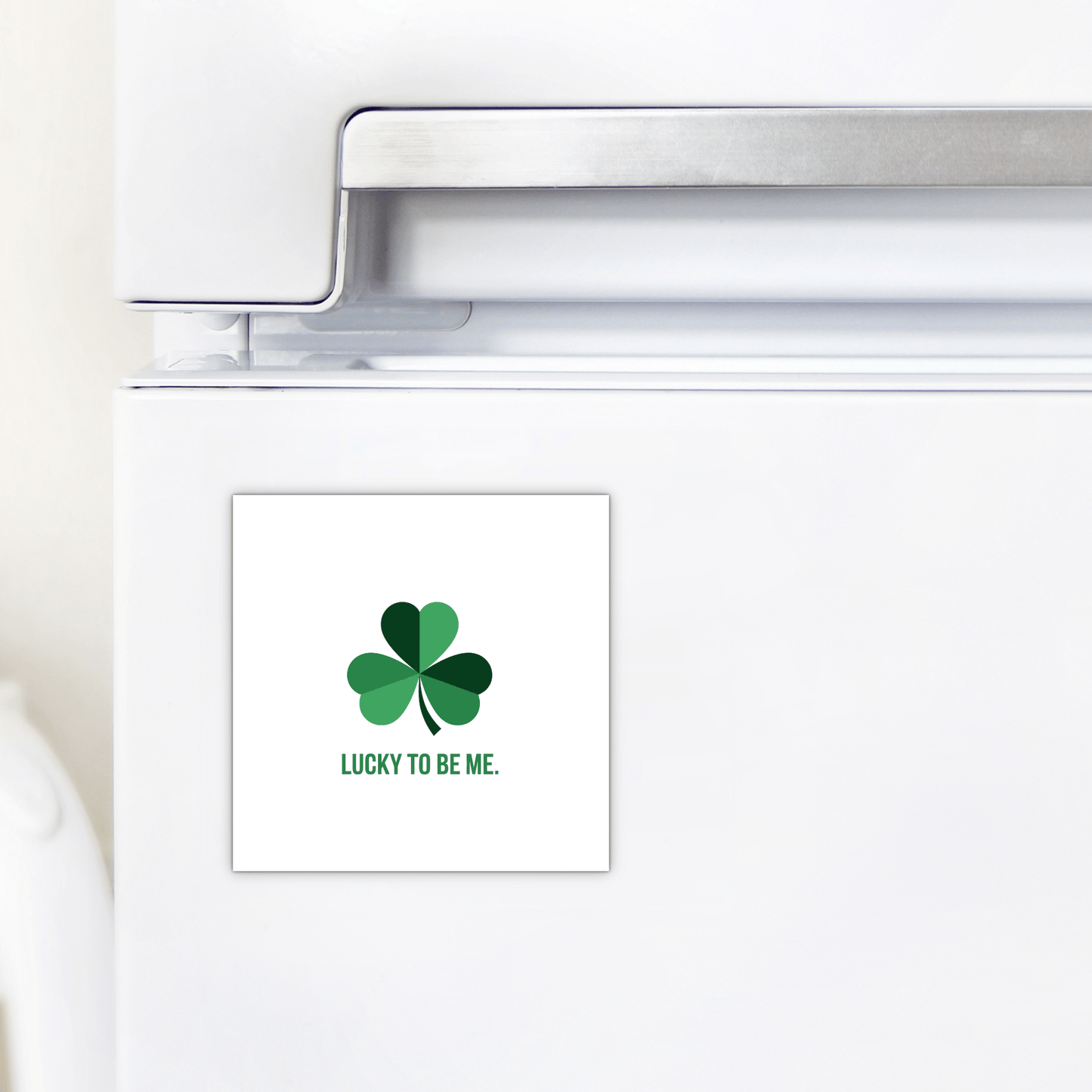 The Mirabilia Boutique Lucky to Be Me Shamrock Magnet, featuring a green four-leaf clover and the phrase “LUCKY TO BE ME,” adds festive St. Patrick’s Day charm and positivity to any white fridge.