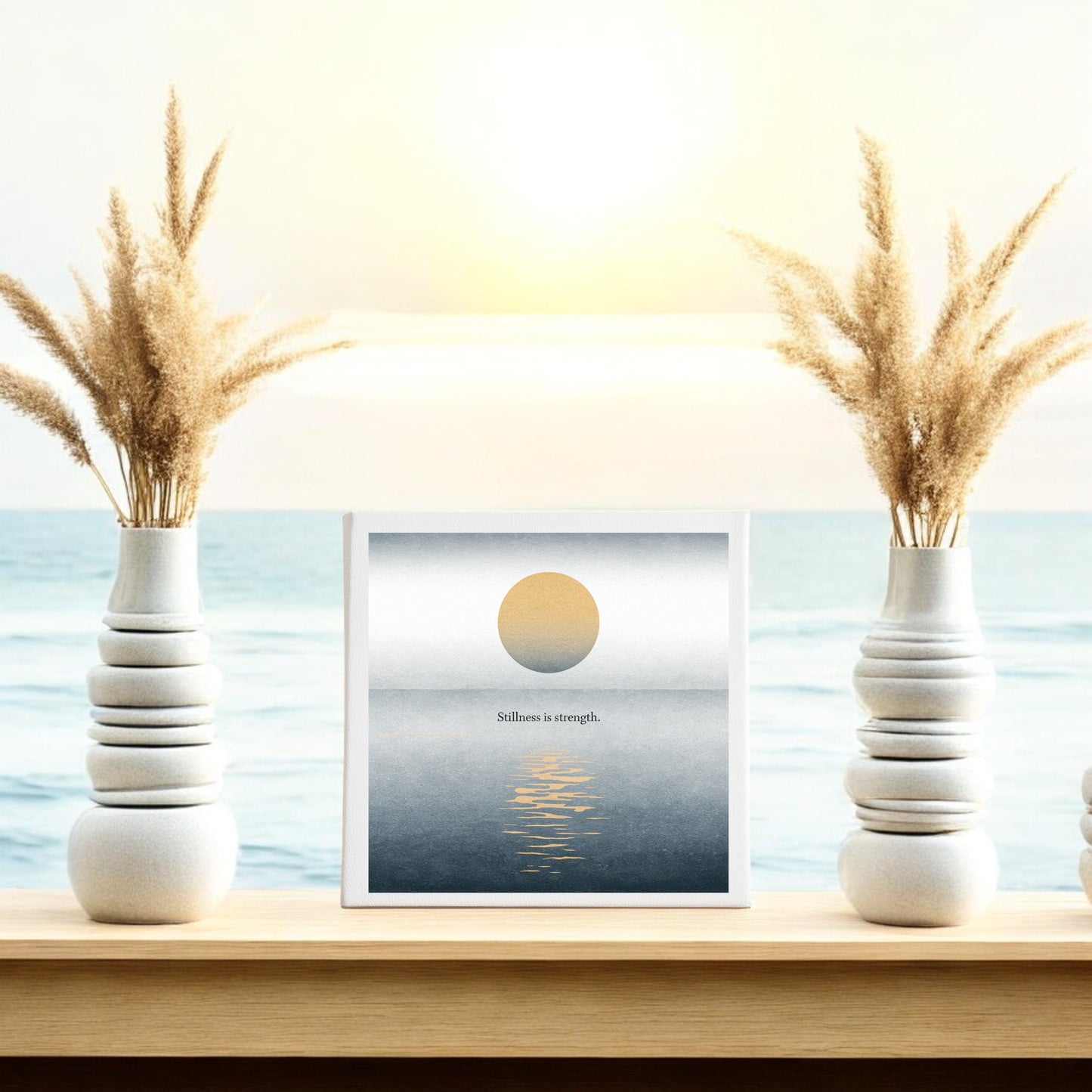 The Stillness Is Strength Canvas by Mirabilia Boutique features minimalist sun and ocean art with "Stillness is strength," making it perfect meditation decor for a serene, calming space.