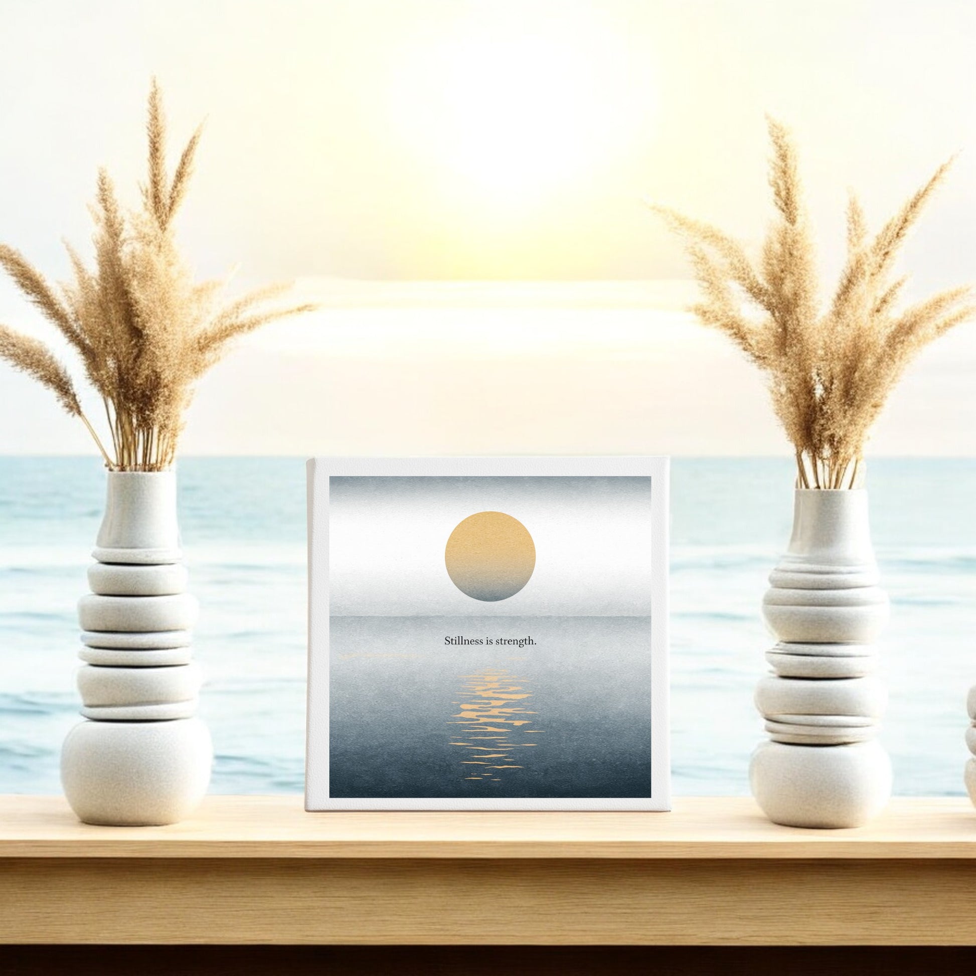 The Stillness Is Strength Canvas by Mirabilia Boutique features minimalist sun and ocean art with "Stillness is strength," making it perfect meditation decor for a serene, calming space.