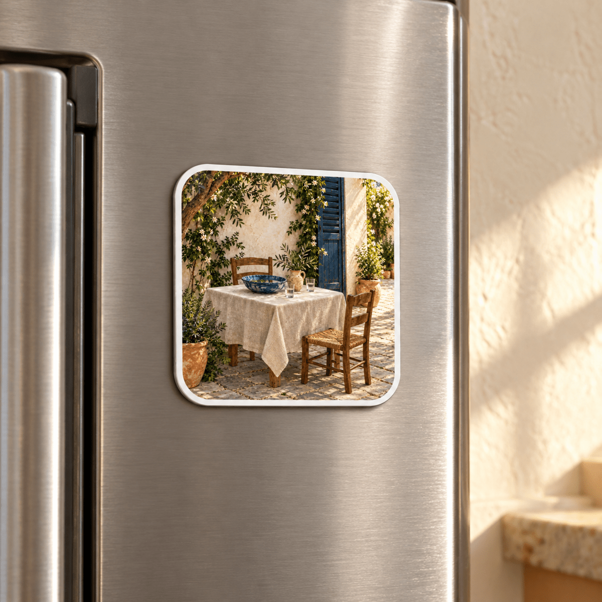 Table in the Shade Magnet on a stainless steel refrigerator showing a table set for two on a sunlit stone patio next to a blue door.