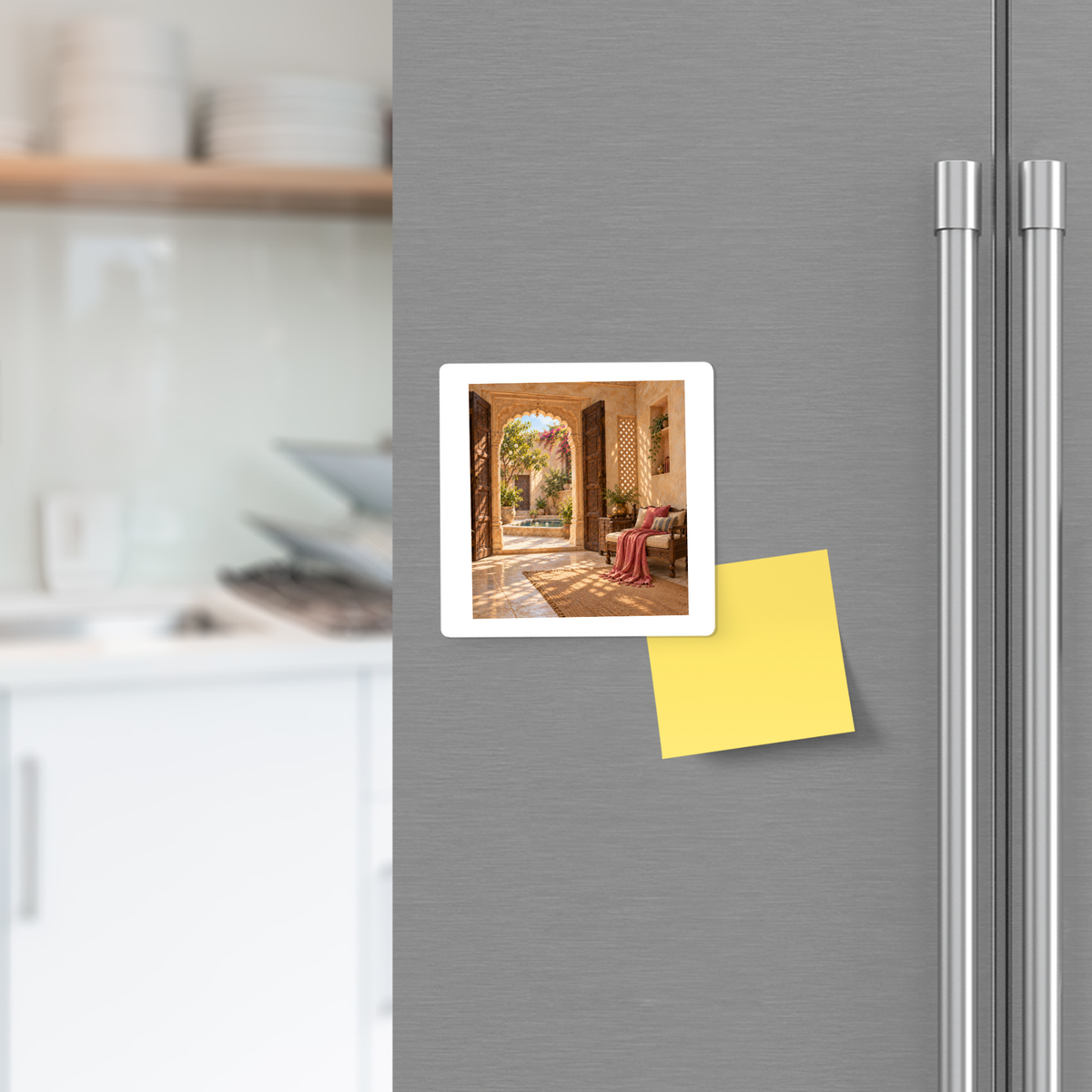 A The Door Left Open Magnet | Sand & Saffron decorative hardboard magnet featuring an open doorway looking out onto a sunlit courtyard, attached to a refrigerator next to a blank yellow sticky note.