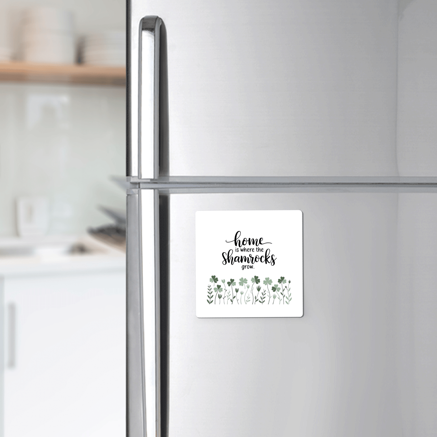 The Mirabilia Boutique "Home Is Where the Shamrocks Grow" Magnet features green shamrock designs and adds Irish flair to any stainless steel fridge or modern kitchen décor.