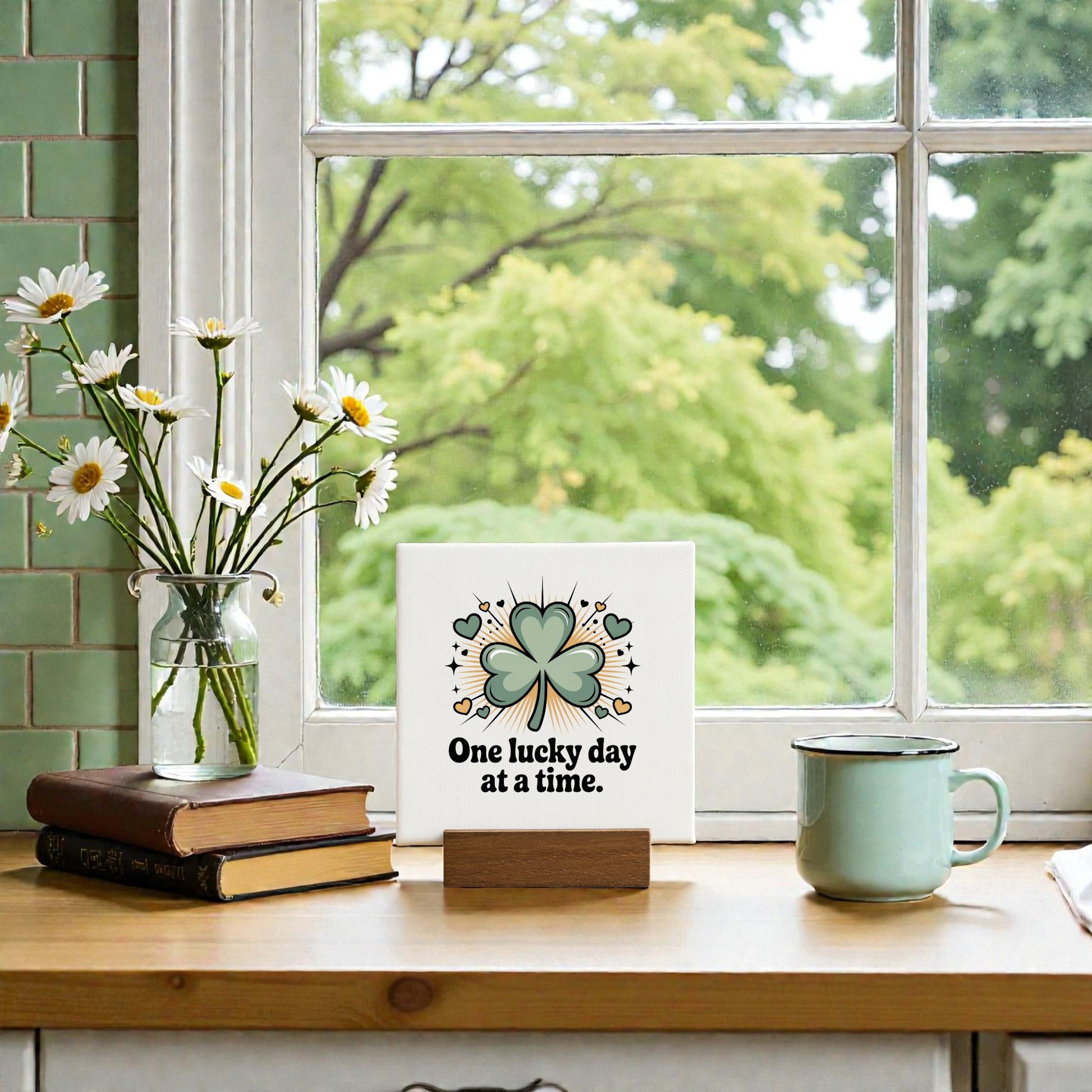 The Mirabilia Boutique "One Lucky Day at a Time" Mini Sign (4x4) brings a touch of luck to your space, displayed beside daisies, a green mug, and books—perfect for adding charm and positivity to any windowsill view.