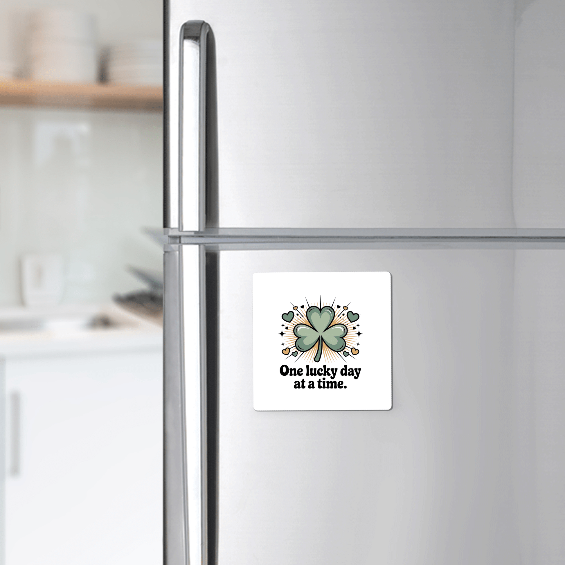 A Mirabilia Boutique "One Lucky Day at a Time Magnet" with a four-leaf clover decorates a refrigerator; kitchen counter and shelves with dishes appear blurred in the background.