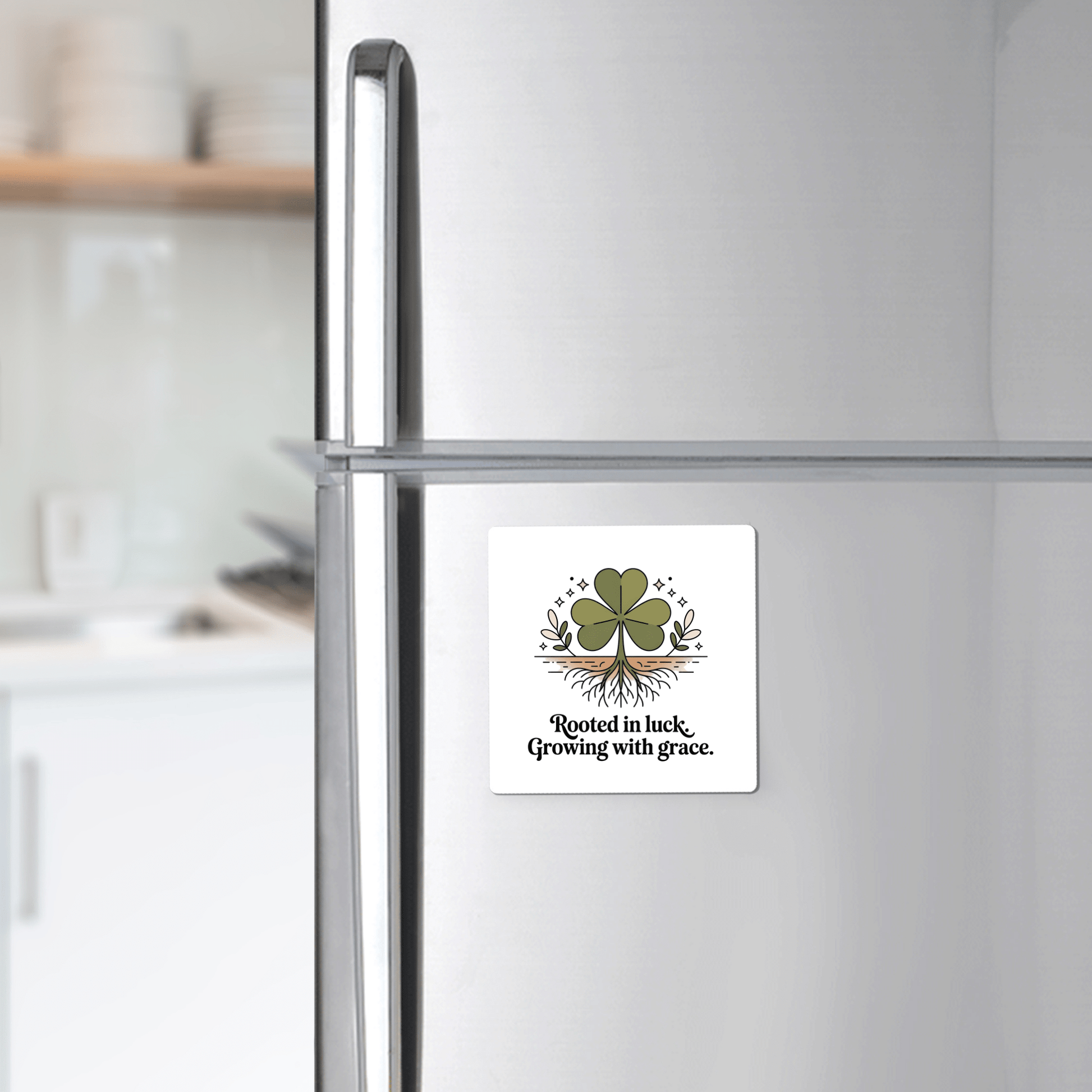 The Rooted in Luck Shamrock Magnet by Mirabilia Boutique, featuring a four-leaf clover with roots and the phrase "Rooted in luck, Growing with grace," is displayed on a stainless steel fridge in a cozy kitchen.