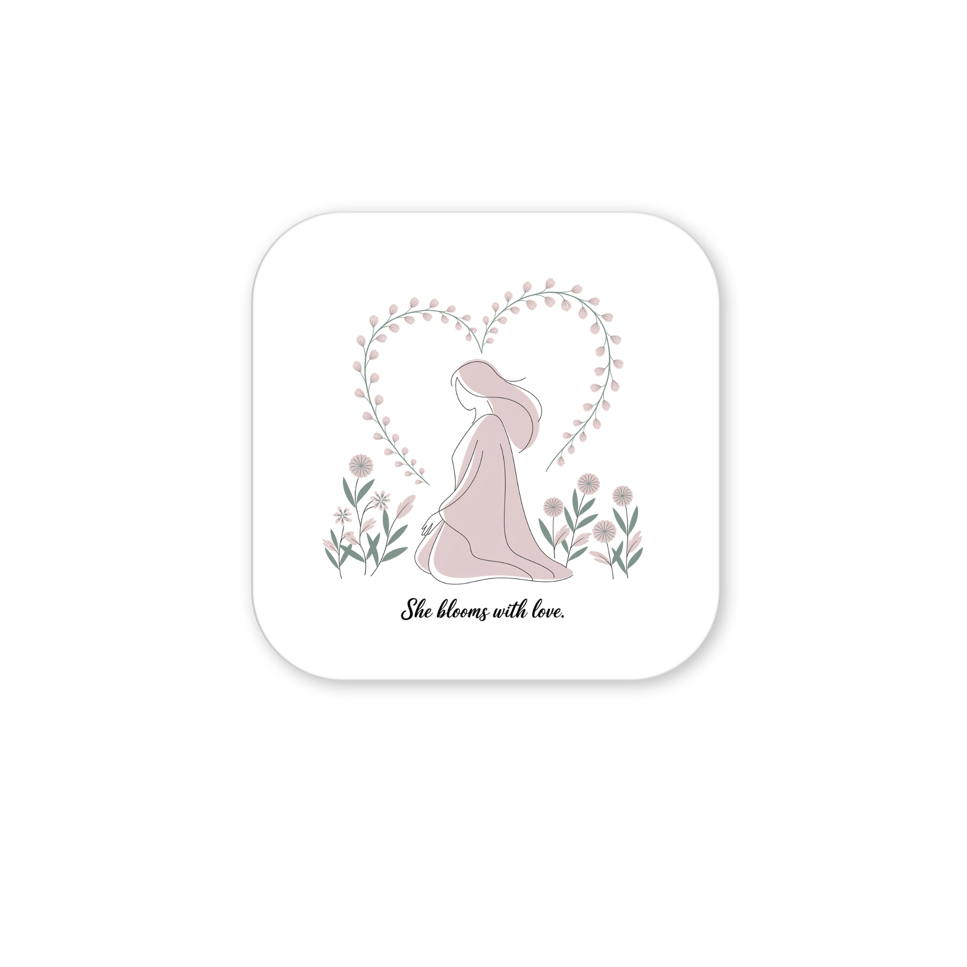The She Blooms with Love Magnet by Mirabilia Boutique features a minimalist woman in a flowing dress amid flowers, a heart-shaped vine behind her, and the text "She Blooms with Love"—a meaningful décor and gentle floral mom gift.
