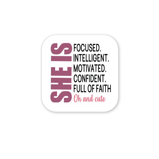 The She Is Motivated & Confident Magnet by Mirabilia Boutique features bold pink letters and empowering traits, ending with “Oh and cute”—a perfect motivational magnet and inspirational gift for her.