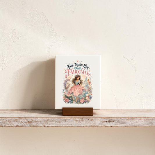 The She Made Her Own Fairytale Mini Canvas by Mirabilia Boutique features an inspiring message, "She Made Her Own Fairytale," alongside an illustration of a woman surrounded by flowers. Displayed on a wooden stand atop a simple shelf against a white wall, it is ideal for children’s room decor or can be paired with unicorn wall art for an enchanting touch.