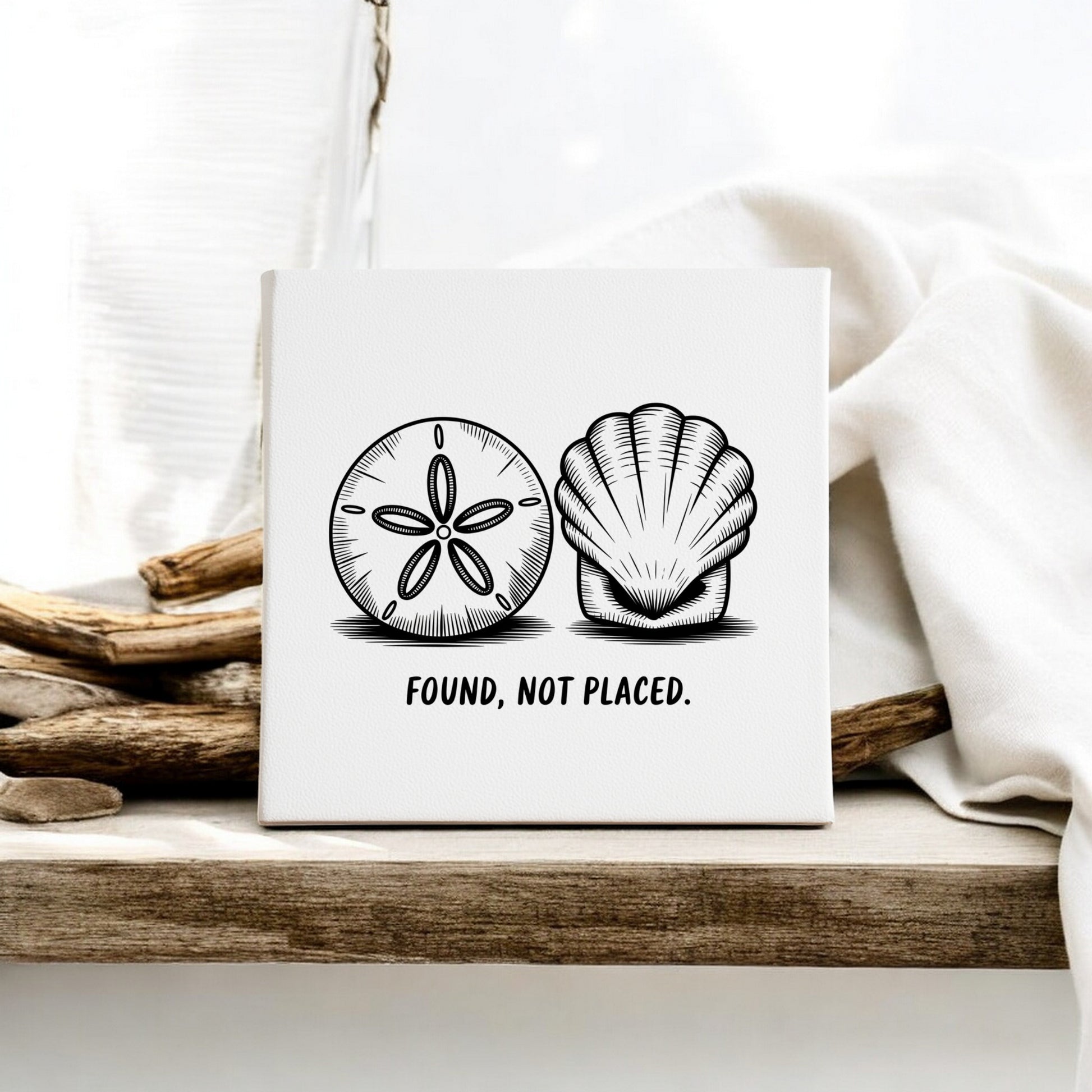 The Found, Not Placed Canvas – Coastal Sketch Wall Art by Mirabilia Boutique features black line drawings of a sand dollar and seashell, with "FOUND, NOT PLACED" text—minimalist coastal decor on canvas with driftwood and white cloth accents.