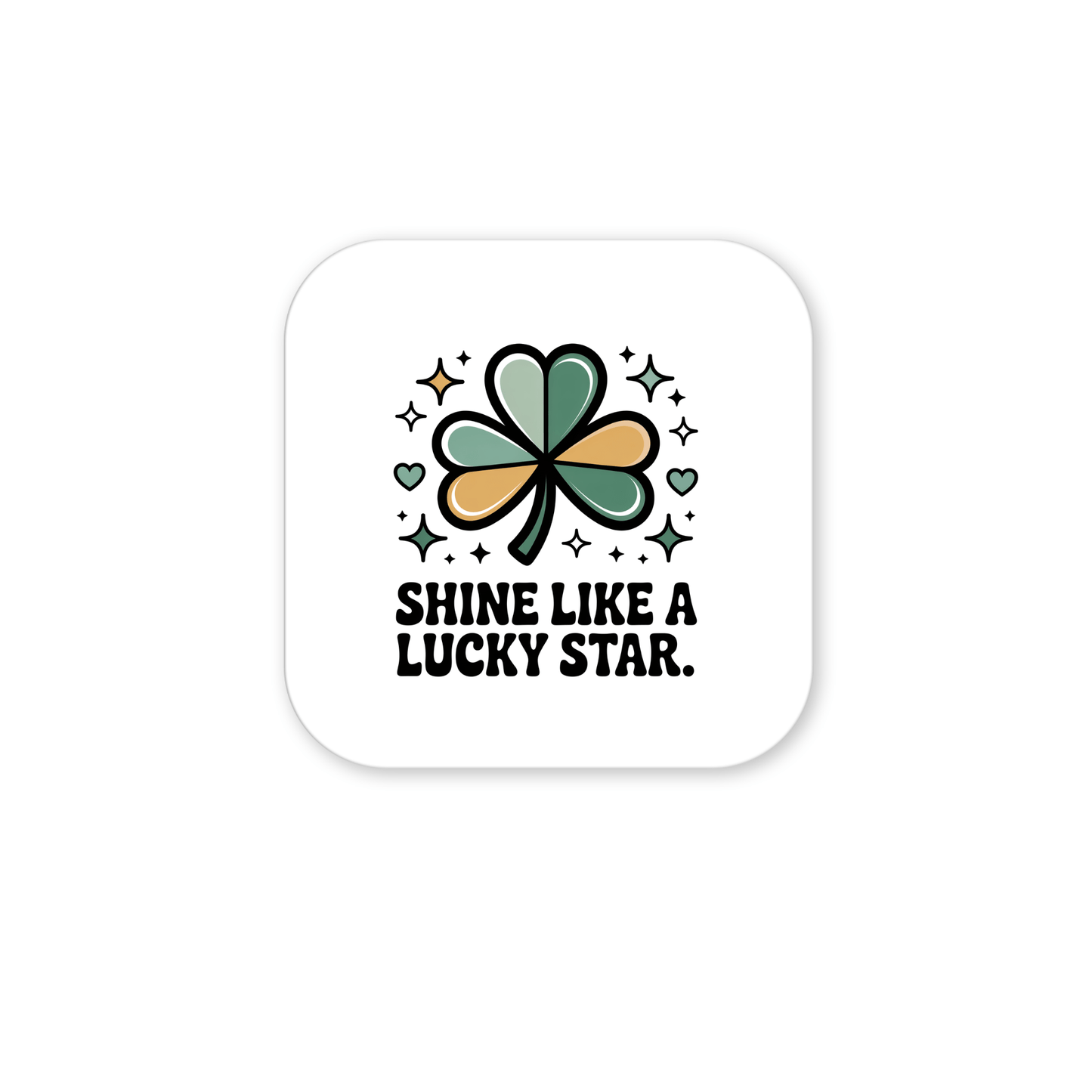 The Shine Like a Lucky Star Magnet by Mirabilia Boutique features a four-leaf clover with sparkling stars and the phrase "SHINE LIKE A LUCKY STAR" on a white rounded square—perfect as a cute St. Patrick’s Day or affirmation gift.