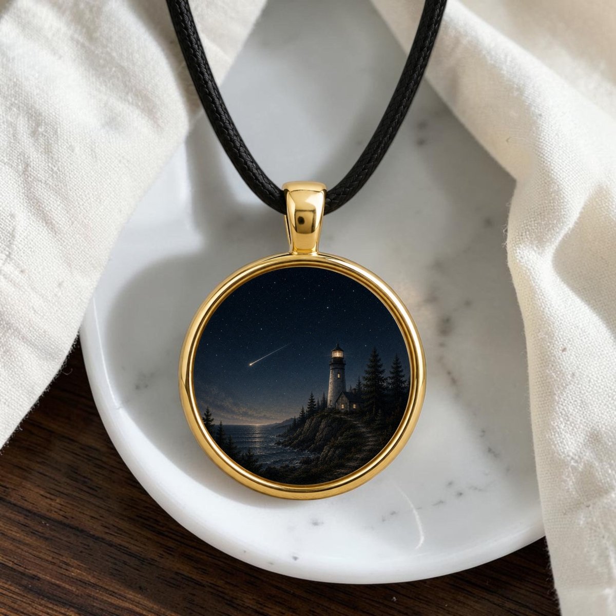 Introducing the Guiding Star | Story Pendant Necklace by Mirabilia Boutique—a gold pendant necklace showcasing a nighttime lighthouse illustration by the sea, encircled by trees and topped with a shooting star in a starry sky. This distinctive piece of wearable art is displayed on a white marble dish with soft fabric nearby.