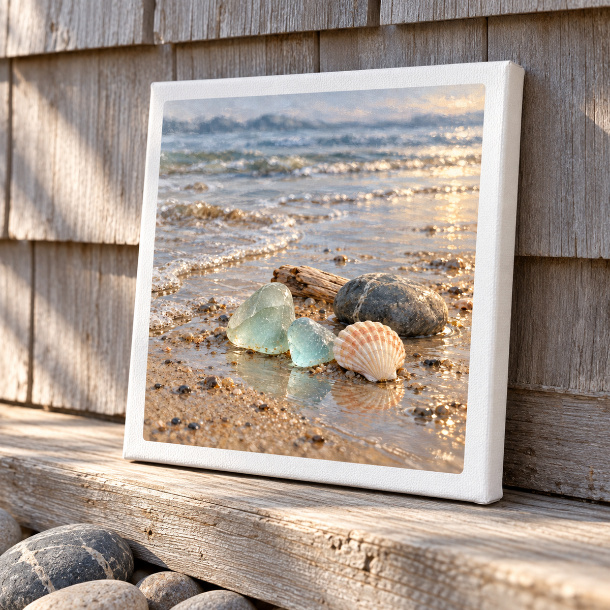 A Sea Glass Morning Canvas square coastal print featuring sea glass, a seashell, and stones on wet sand, resting against a cedar shingle wall.