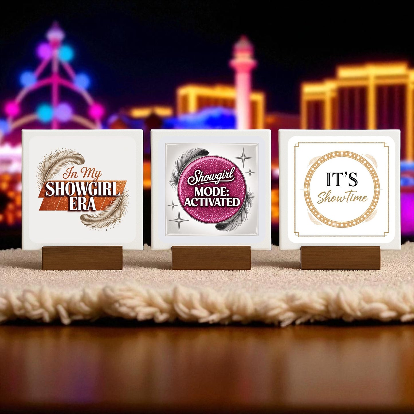 The Showgirl Mini Sign Trio by Mirabilia Boutique features “In My Showgirl Era,” “Showgirl Mode: Activated,” and “IT’S Showtime”—perfect glam desk or shelf decor, or a fun showgirl gift inspired by neon nights.