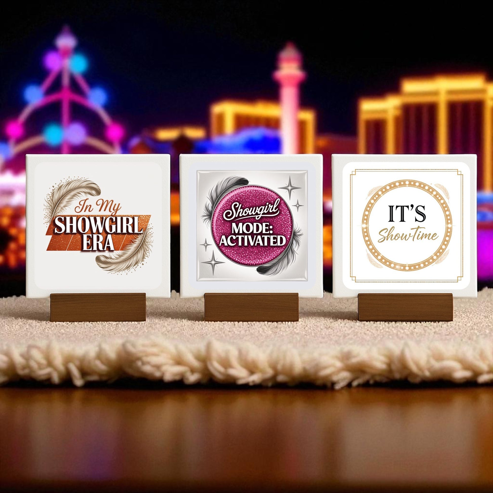 The Showgirl Mini Sign Trio by Mirabilia Boutique features “In My Showgirl Era,” “Showgirl Mode: Activated,” and “IT’S Showtime”—perfect glam desk or shelf decor, or a fun showgirl gift inspired by neon nights.