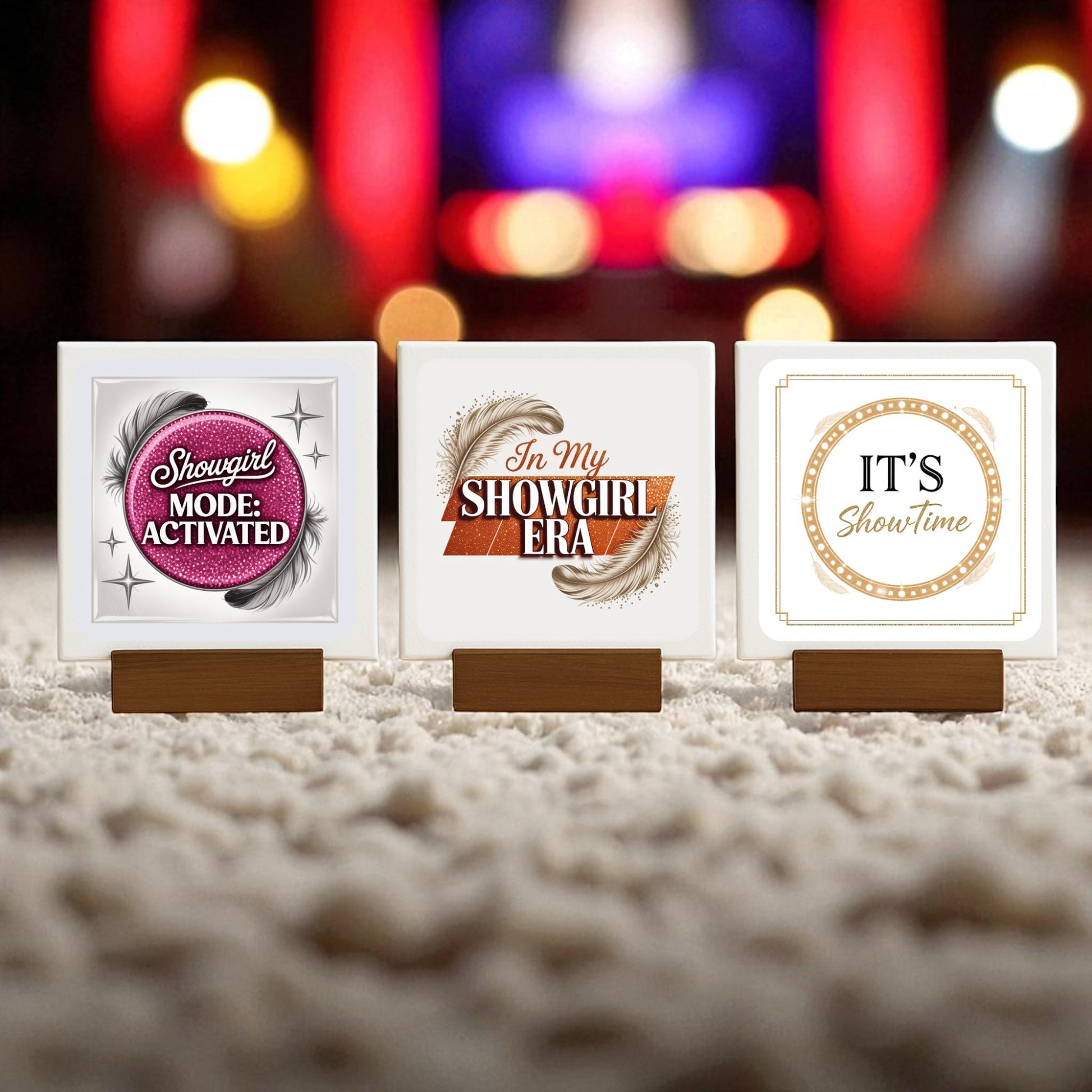 The "Showgirl Mode Activated" Mini Sign by Mirabilia Boutique is a glam table decor piece featuring glitter accents and show-stopping messages, perfect for adding sparkle and flair to your space.