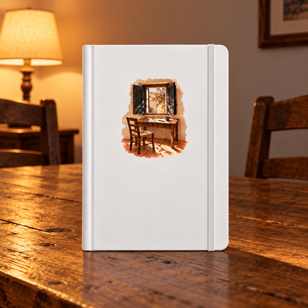 The Shuttered Room Journal is a white A5 journal featuring an illustration of a wooden chair at a desk in front of an open window, secured with an elastic closure.