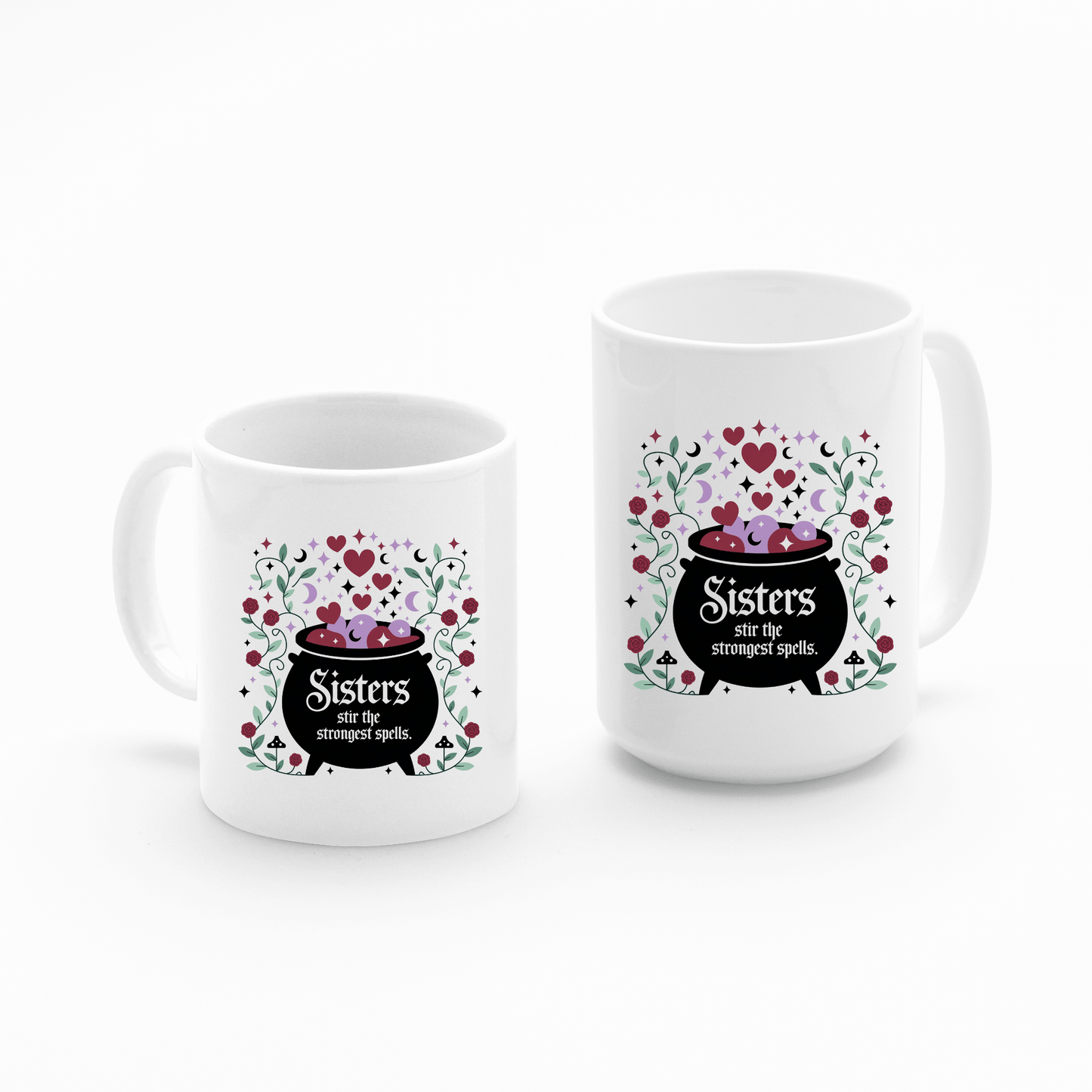 The Sisters Stir the Strongest Spells Mug set by Mirabilia Boutique features two white mugs with floral designs and a cauldron illustration that reads, "Sisters stir the strongest spells." A perfect witchy sister gift, with one tall mug included.