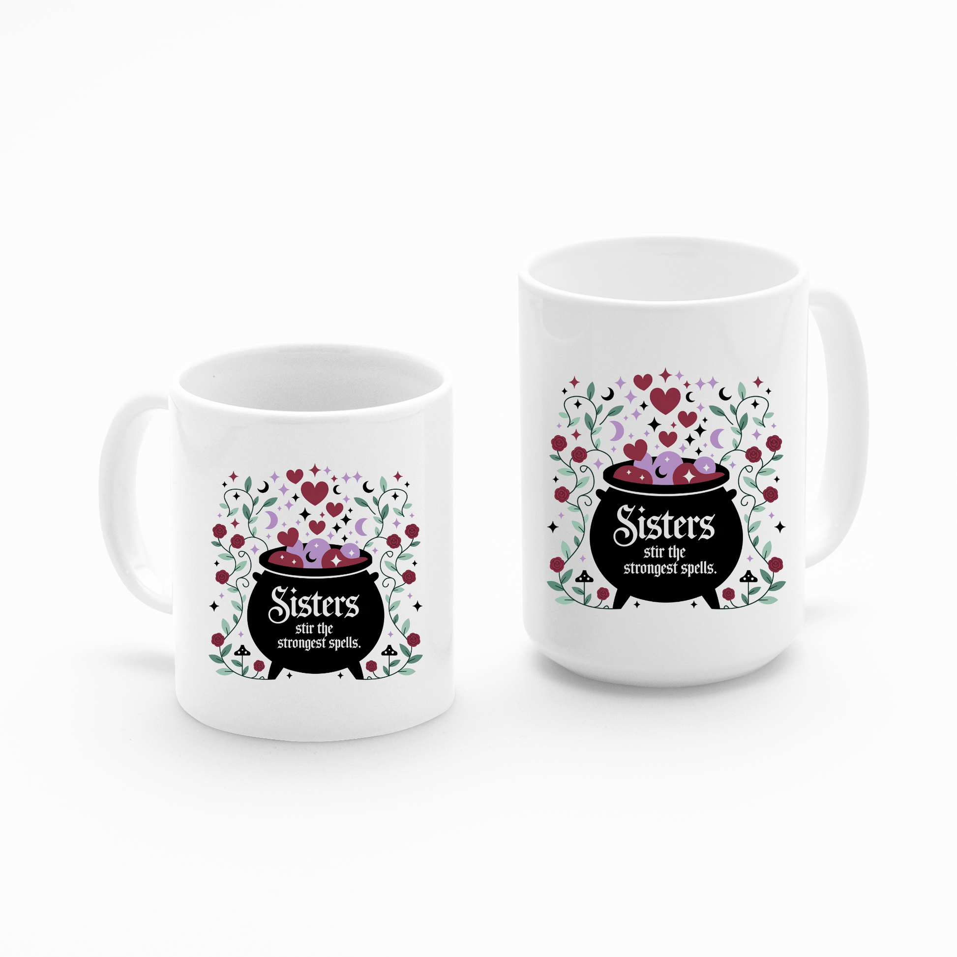 The Sisters Stir the Strongest Spells Mug set by Mirabilia Boutique features two white mugs with floral designs and a cauldron illustration that reads, "Sisters stir the strongest spells." A perfect witchy sister gift, with one tall mug included.