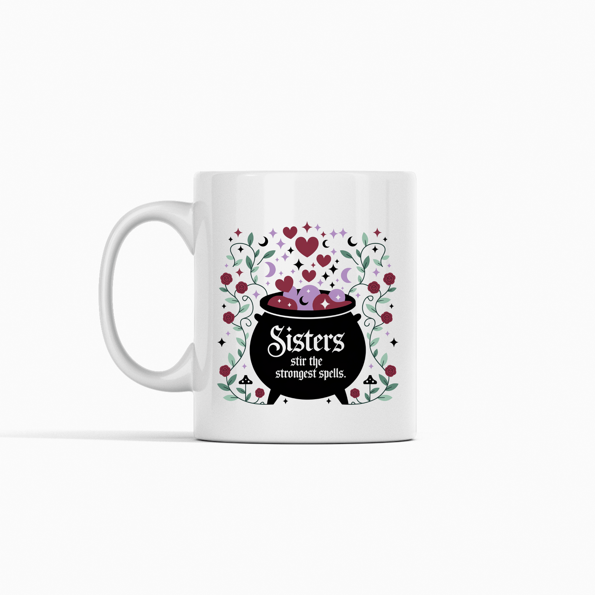 The Sisters Stir the Strongest Spells Mug by Mirabilia Boutique features a black cauldron with flowers, stars, and hearts, bubbling with a purple potion. A perfect witchy sister gift for celebrating magical sisterhood!.