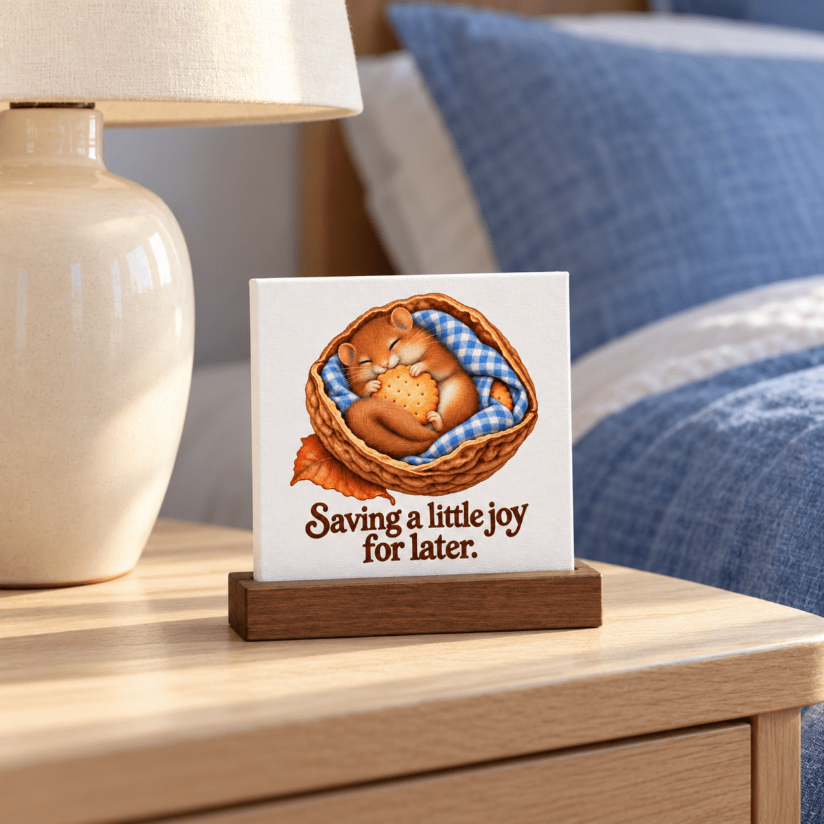 A Saving a Little Joy Mini Sign on a wooden stand, featuring a small square canvas of a hamster sleeping in a basket while holding a round cracker, with the text “Saving a little joy for later.”