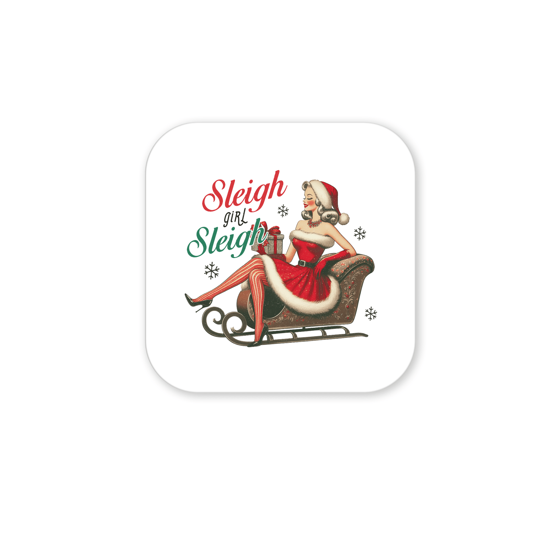 Sleigh Girl Sleigh Magnet by Mirabilia Boutique features a retro woman in a red Santa outfit on a sleigh with “Sleigh girl sleigh” text and snowflakes—perfect vintage holiday fridge decor.