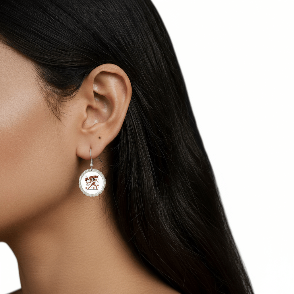 A close-up of a woman with long dark hair wearing Mirabilia Boutique's Sleighin' It Earrings—fun, round holiday earrings with a red warning sign, set against a plain white background. Perfect unique accessories for Christmas parties.