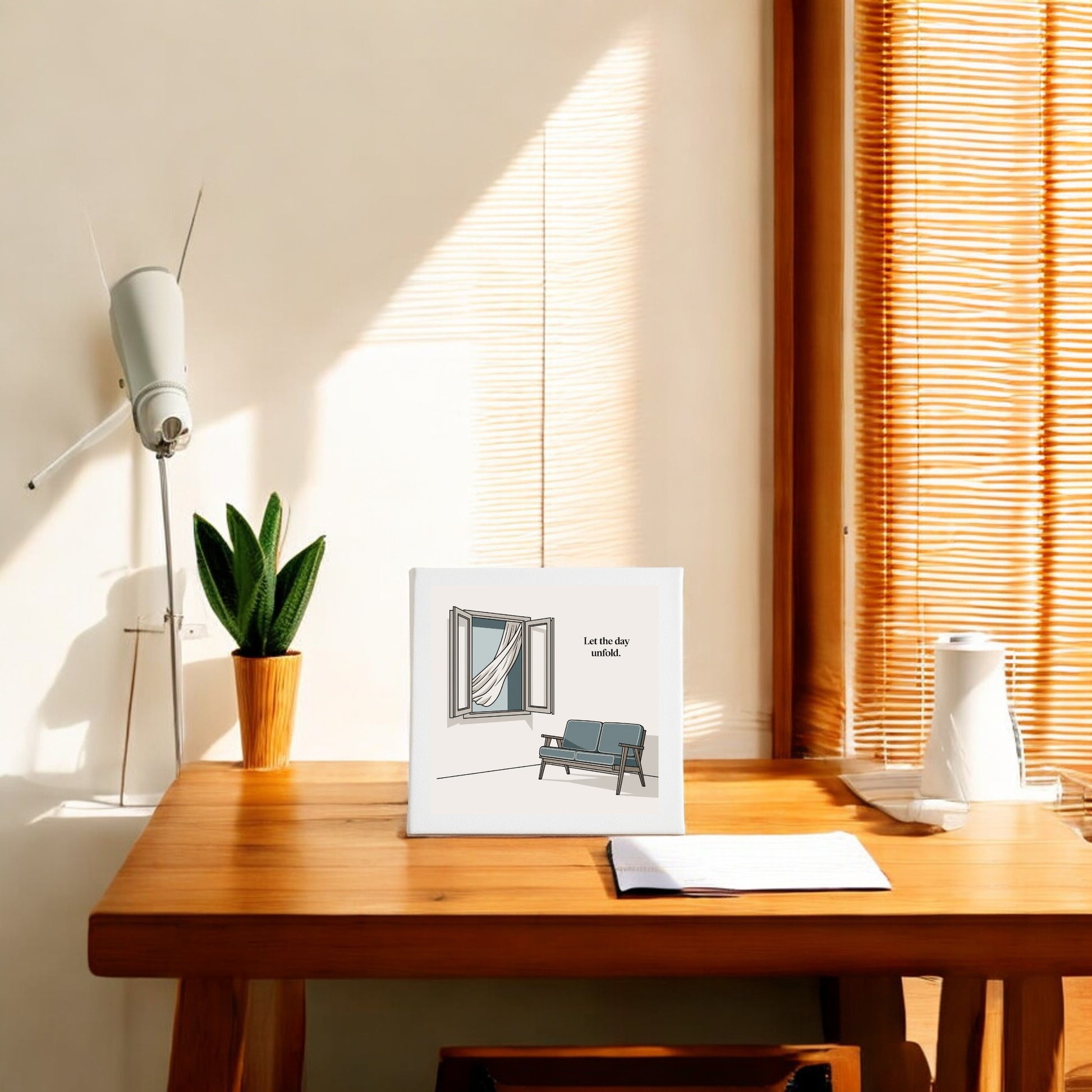 The Let the Day Unfold Canvas by Mirabilia Boutique is showcased on a wooden desk with a potted plant, white lamp, and closed notebook, as sunlight filters through blinds to create a calm, slow-living decor scene.