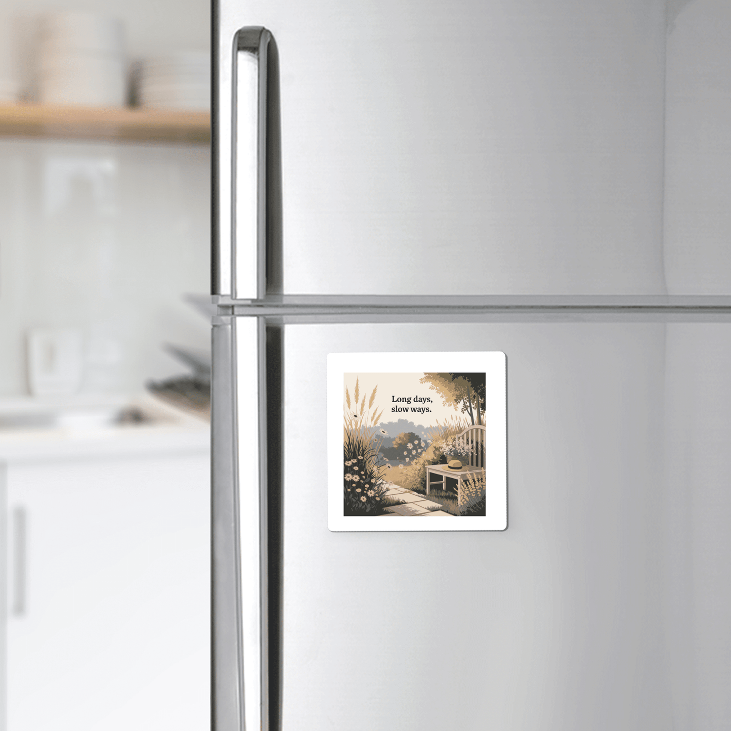 The Mirabilia Boutique "Long Days, Slow Ways Magnet – Peaceful Summer Garden Quote" adds charm to your stainless steel fridge with a serene outdoor scene and wooden bench—an ideal mindfulness gift for any kitchen.