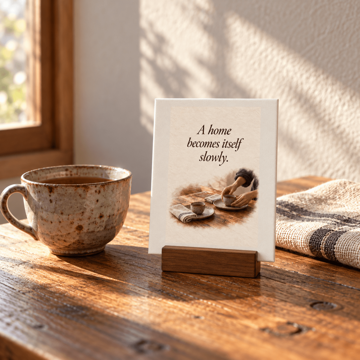 A small rectangular A Home Becomes Itself Slowly Mini Sign in a wood stand features a table setting illustration above the text, “A home becomes itself slowly,” and an image of someone arranging ceramic cups.