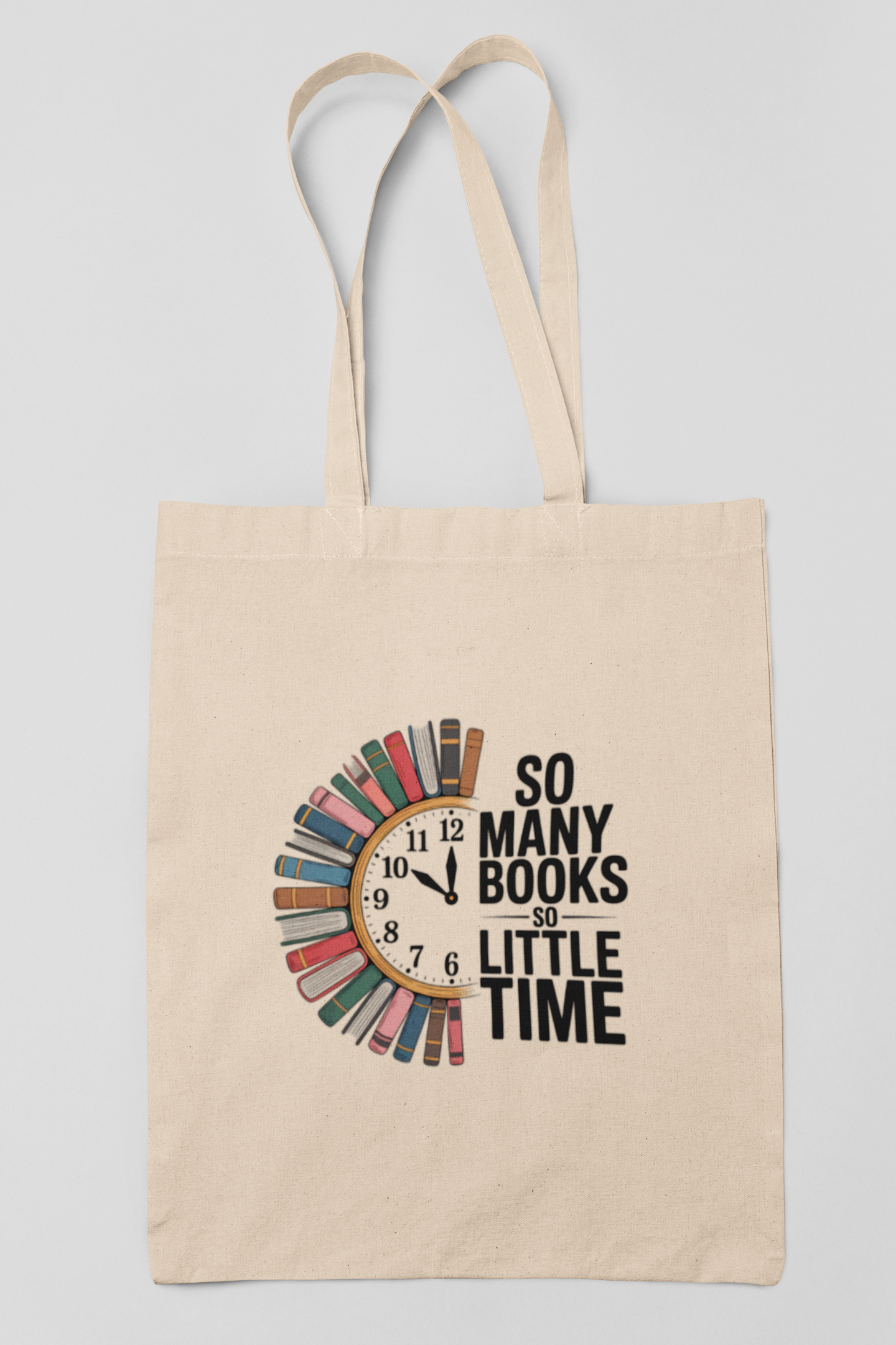 The Mirabilia Boutique So Many Books Canvas Tote Bag features a clock of colorful books and “So many books, so little time” with a cat silhouette—an ideal gift for book lovers or a stylish carryall for library visits.