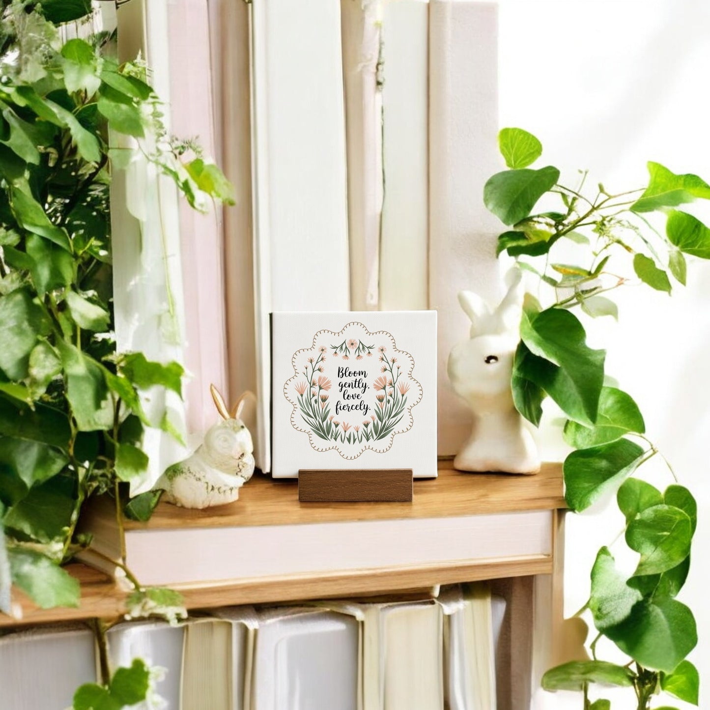 A bookshelf adorned with green plants, two white bunny figurines, pastel books, and Mirabilia Boutique's "Bloom Gently Love Fiercely" mini canvas sign—a charming wildflower-inspired decor and encouragement gift idea.