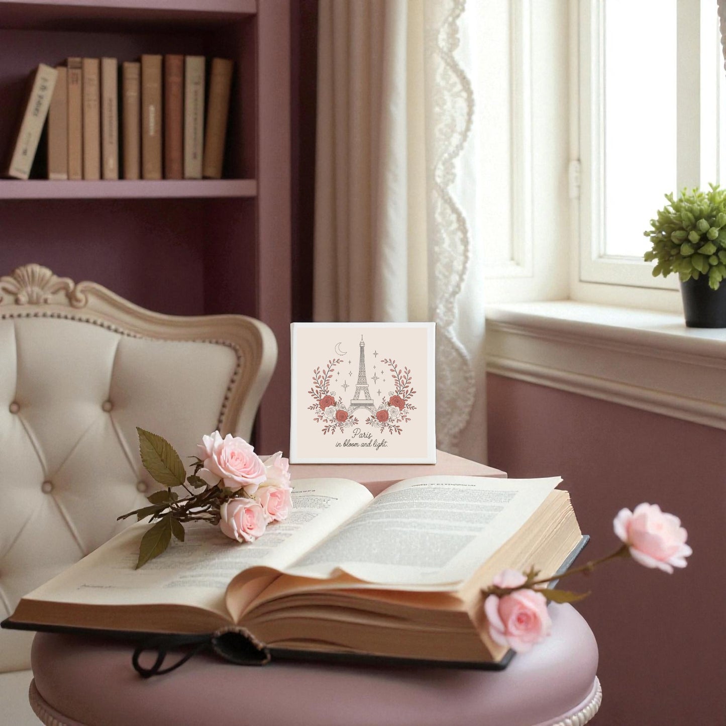 The “Paris in Bloom and Light Canvas – Rosy Eiffel Tower Art” from Mirabilia Boutique adds romantic charm to your space, featuring soft pastels, pink roses, and a dreamy Eiffel Tower scene—perfect for cozy home decor.