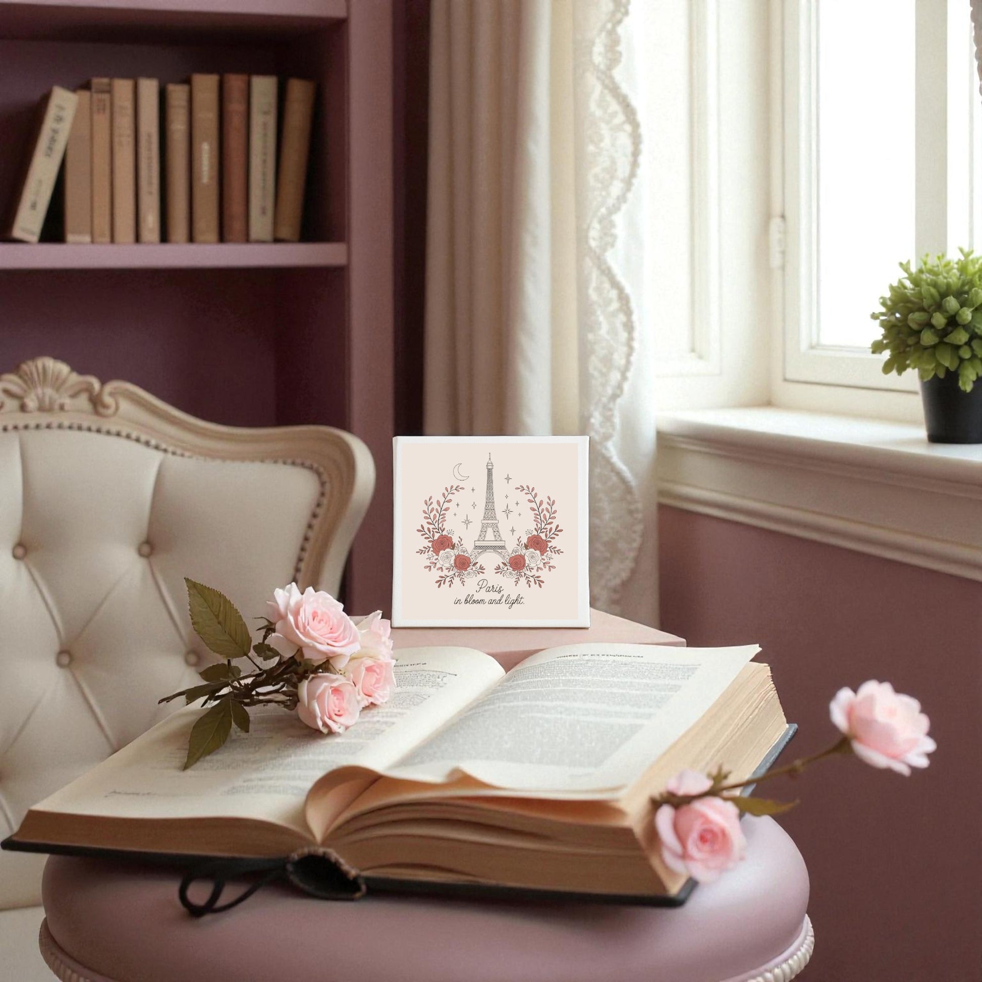The “Paris in Bloom and Light Canvas – Rosy Eiffel Tower Art” from Mirabilia Boutique adds romantic charm to your space, featuring soft pastels, pink roses, and a dreamy Eiffel Tower scene—perfect for cozy home decor.