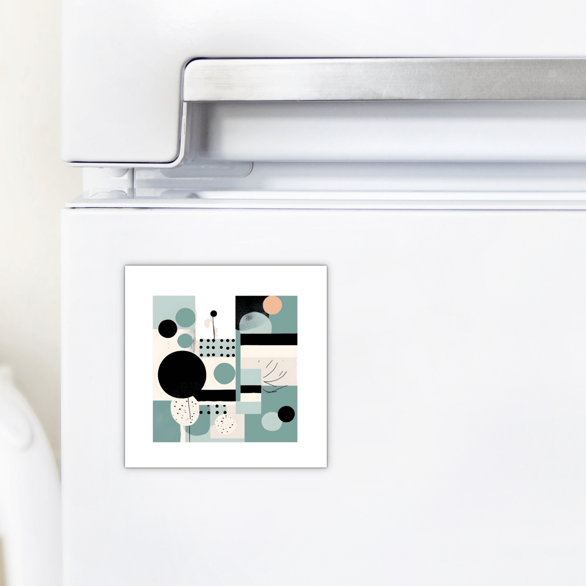 The Harbor Morning Mid Century Modern Magnet by Mirabilia Boutique, featuring geometric shapes and muted colors, is displayed on a white refrigerator door near the handle.