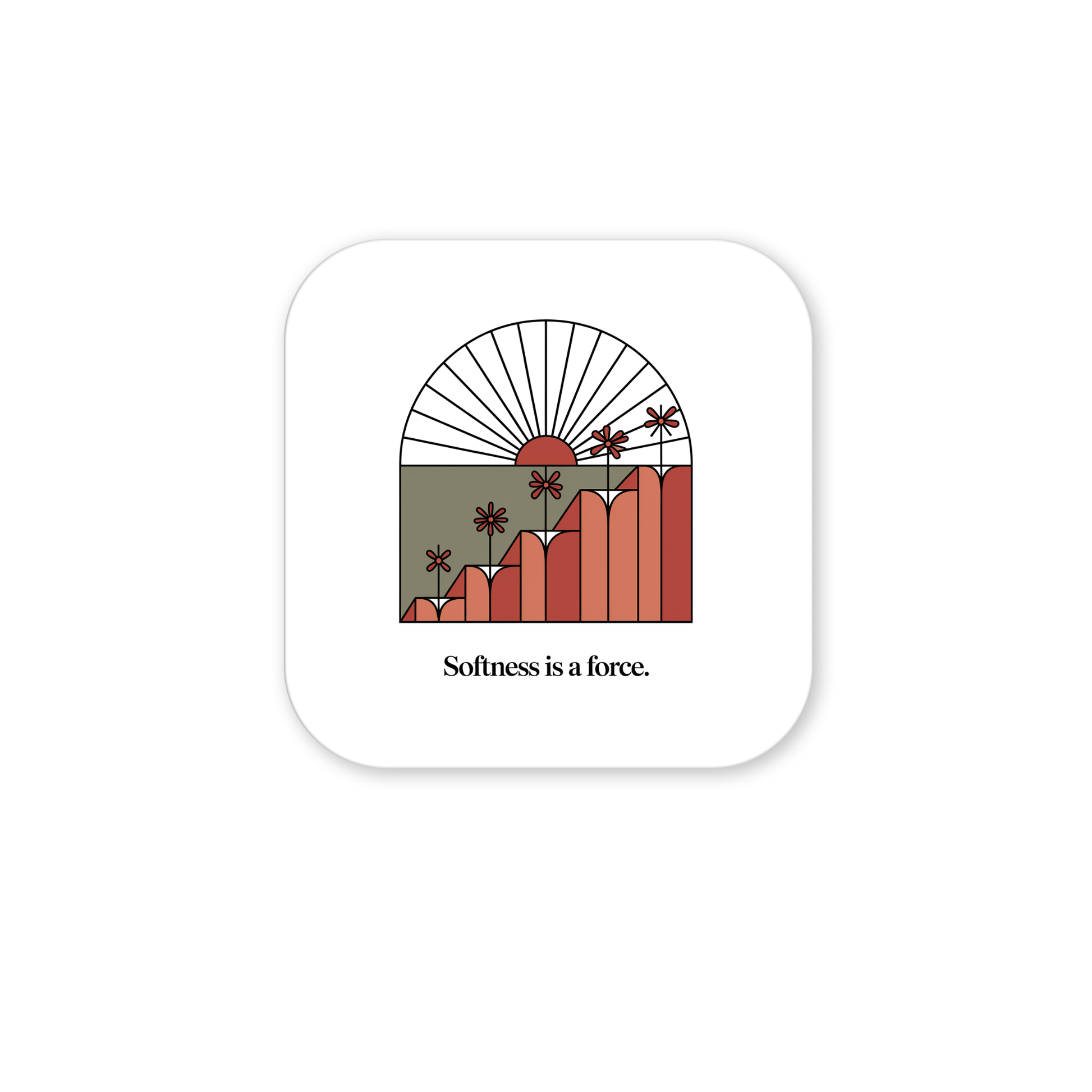 The Softness Is a Force Abstract Floral Magnet by Mirabilia Boutique features a minimalist sun over green and reddish-brown hills with small flowers. The inspiring quote makes it an empowering, floral-themed fridge magnet gift.