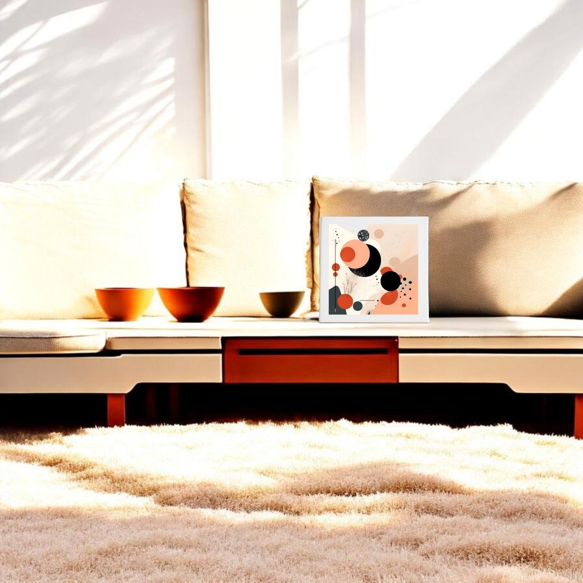 A modern living room features a beige sofa, a low wooden coffee table with three bowls, and sunlight on a plush cream rug. The wall displays the Solar Bloom Mid Century Modern Canvas by Mirabilia Boutique as striking abstract art.