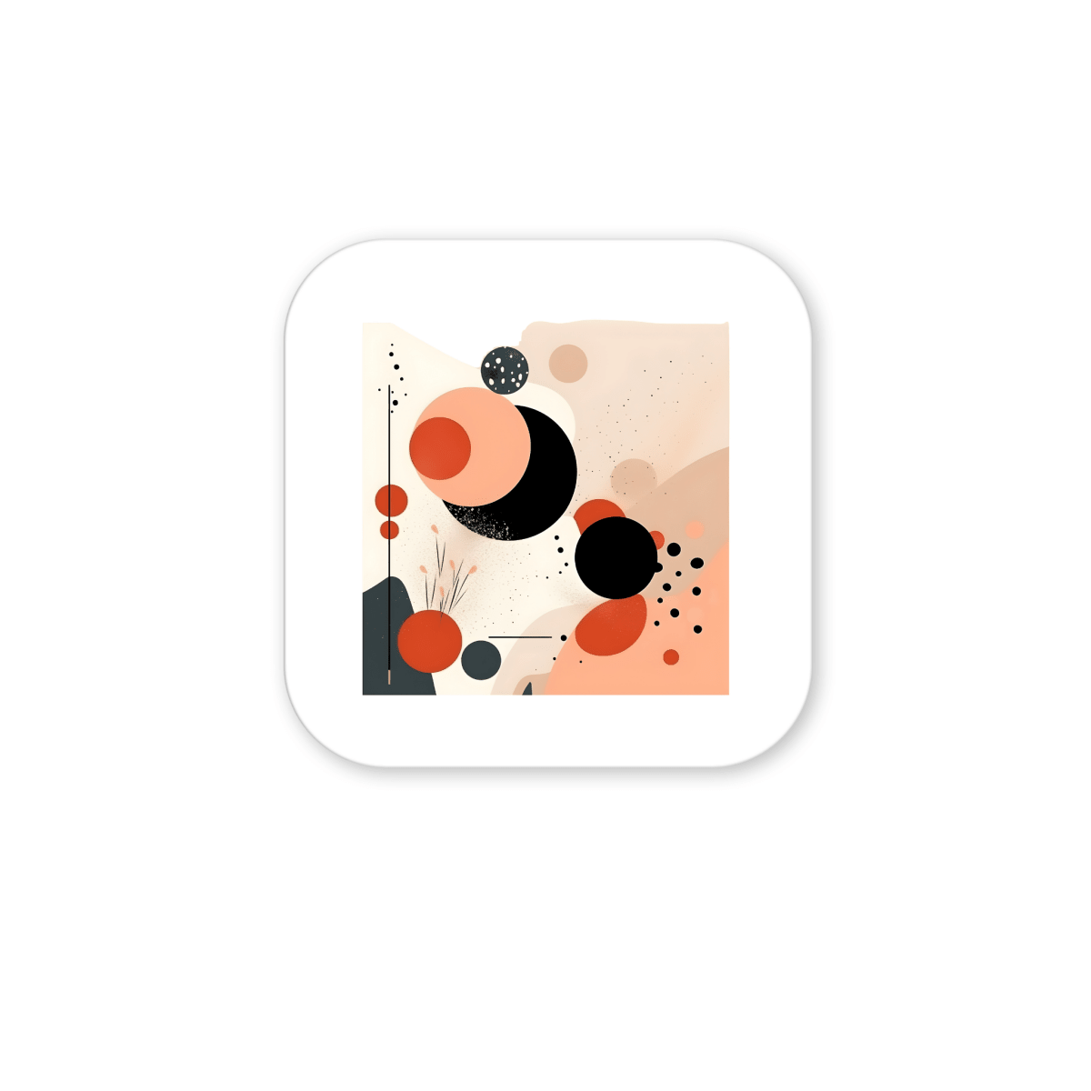 The Solar Bloom Mid Century Modern Magnet by Mirabilia Boutique features abstract overlapping circles in orange, black, and gray on cream, accented with dots and soft brush strokes inside a rounded white square frame for bold modern style.