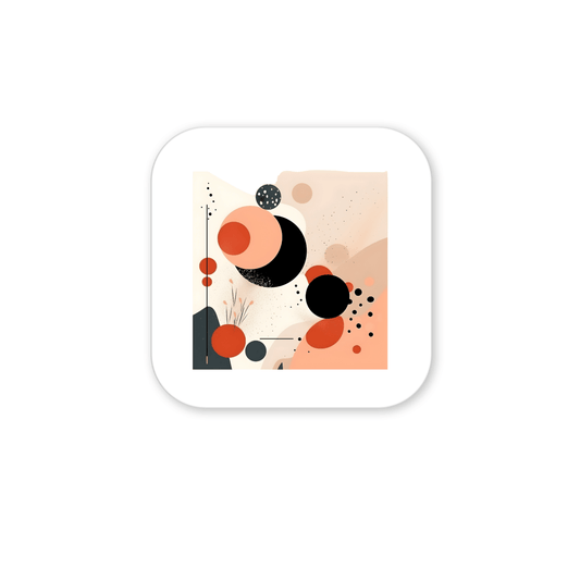 The Solar Bloom Mid Century Modern Magnet by Mirabilia Boutique features abstract overlapping circles in orange, black, and gray on cream, accented with dots and soft brush strokes inside a rounded white square frame for bold modern style.