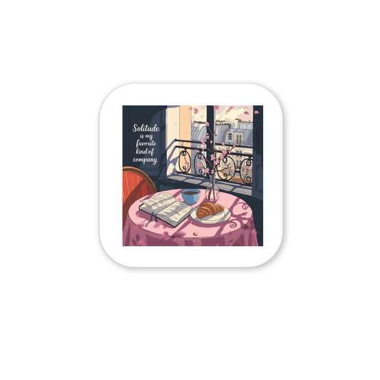 The Solitude Magnet – Paris Morning Still Life by Mirabilia Boutique features a handcrafted scene of a pink-clothed table with coffee and a book by a balcony window, city views, and the text "Solitude is my favorite kind of company.