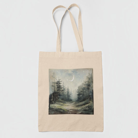 Introducing the "Some Paths Are Meant to Be Wandered Tote Bag" by Mirabilia Boutique—a beige cottagecore tote bag adorned with a dreamy watercolor painting of a misty forest path winding beneath a crescent moon, framed by tall pine trees and an enchanting night sky.