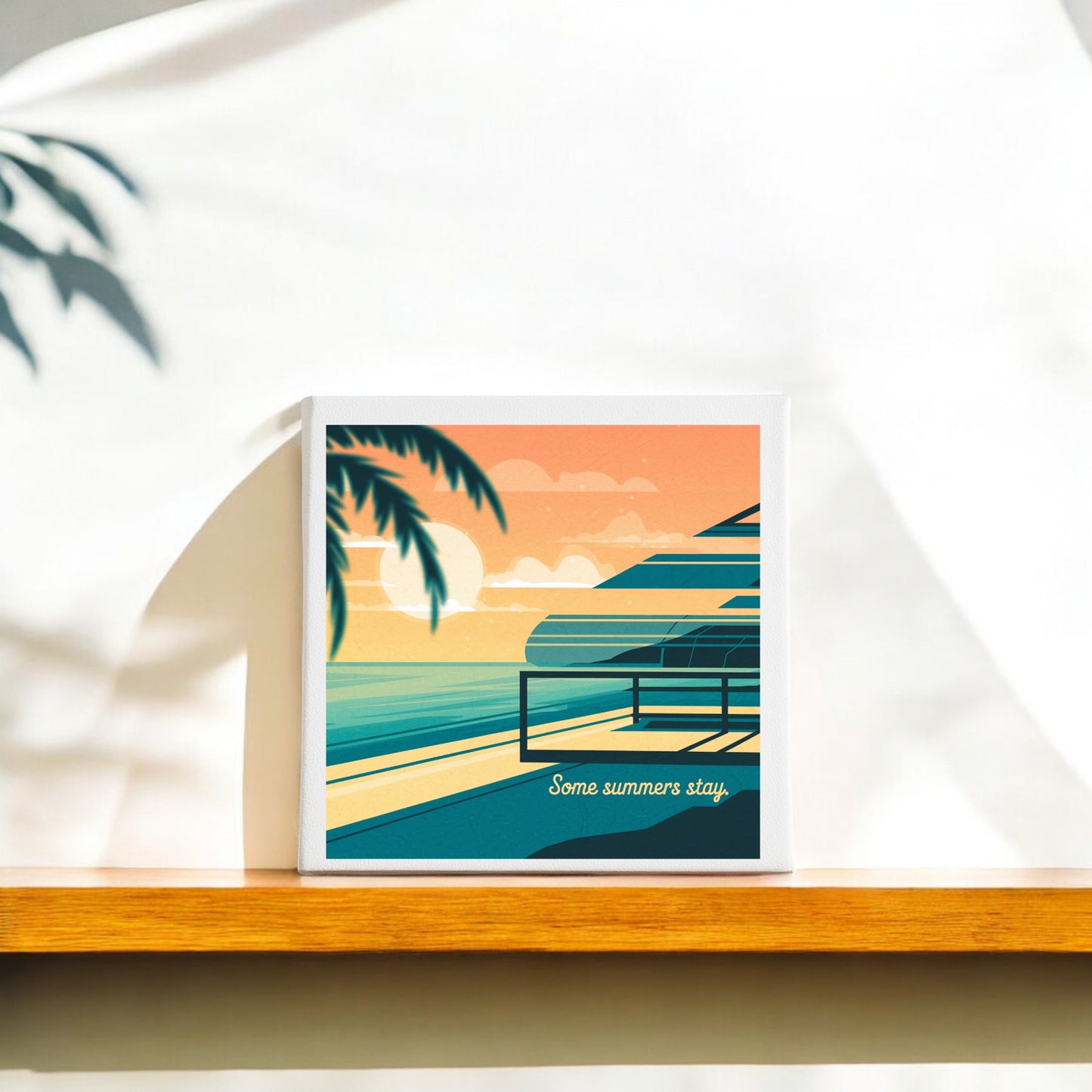 The Some Summers Stay Canvas – Retro Coastal Sunset Art by Mirabilia Boutique features a vibrant beach scene with palm trees and ocean waves, reading “Some summers stay.” Perfect vintage coastal wall art for any space.