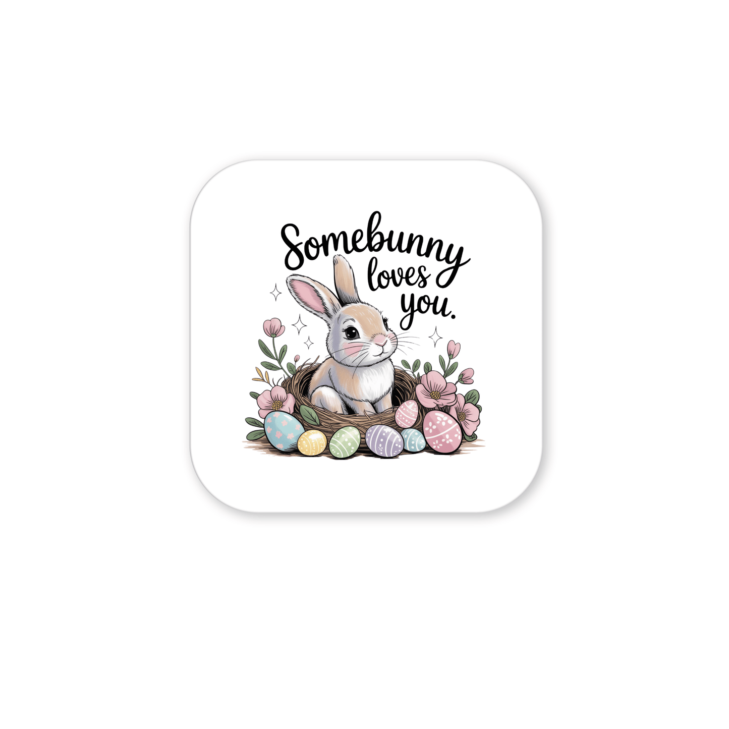 The "Somebunny Loves You Magnet – Cute Spring Bunny Gift" by Mirabilia Boutique features a white bunny in a basket with flowers and Easter eggs—perfect spring décor for your fridge or any room.
