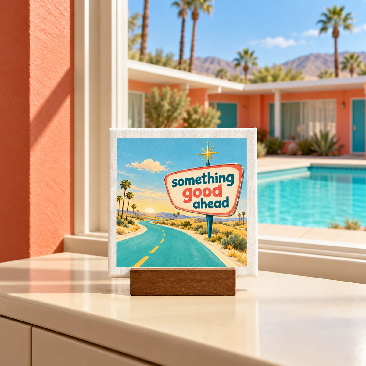 Something Good Ahead Mini Canvas Sign on a wooden stand depicts a desert highway leading toward a retro-style “something good ahead” sign, framed by a mid-century artwork view of a hotel pool.