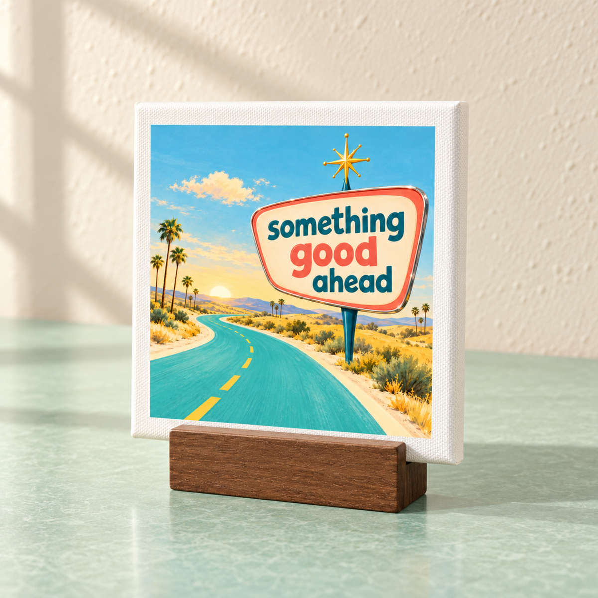 Something Good Ahead Mini Canvas Sign from Mirabilia Boutique, featuring a retro roadside sign that says “something good ahead” overlooking a desert road at sunset, displayed on a small square mini canvas in a wooden stand.