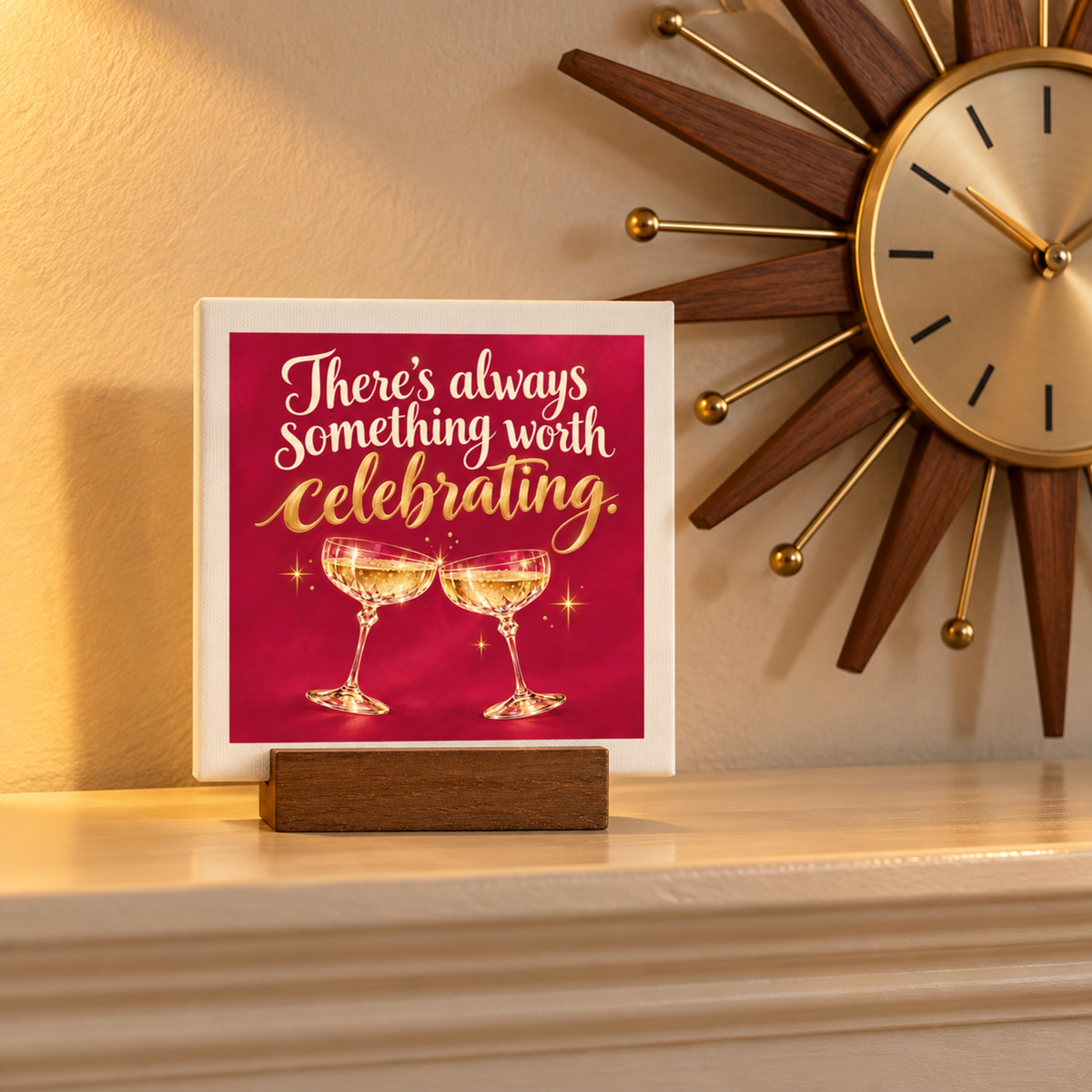 There’s Always Something Worth Celebrating Mini Bar Sign on a wooden stand, featuring the text “There’s always something worth celebrating” above an illustration of two clinking champagne glasses on a square mini canvas.