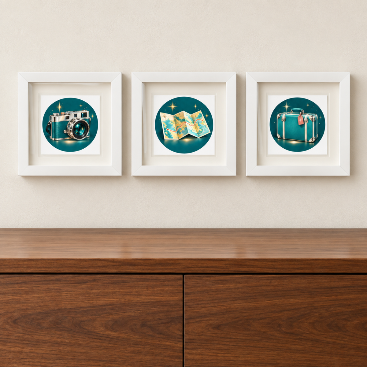 Somewhere Wonderful | Mirabilia Relics canvas art prints feature a vintage camera, an open map, and a teal suitcase centered against dark, star-filled circular backgrounds across three square frames.