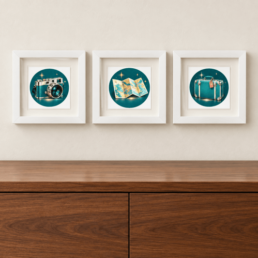 Somewhere Wonderful | Mirabilia Relics canvas art prints feature a vintage camera, an open map, and a teal suitcase centered against dark, star-filled circular backgrounds across three square frames.
