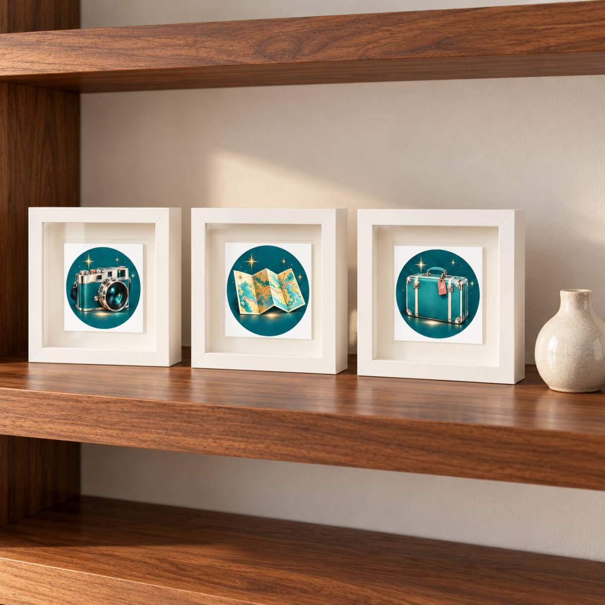 Somewhere Wonderful by Mirabilia Relics, featuring three framed prints of a vintage camera, an open map, and a suitcase on a wooden shelf next to a small ceramic vase.
