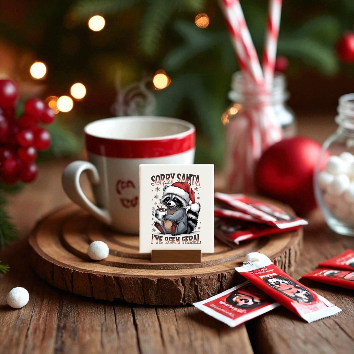 Create a festive vibe with Mirabilia Boutique’s “Sorry Santa I’ve Been Feral” Funny Raccoon Christmas Sign—perfect holiday decor or Secret Santa gift! Features a mug, candy canes, red ornaments, and twinkling lights in the background.