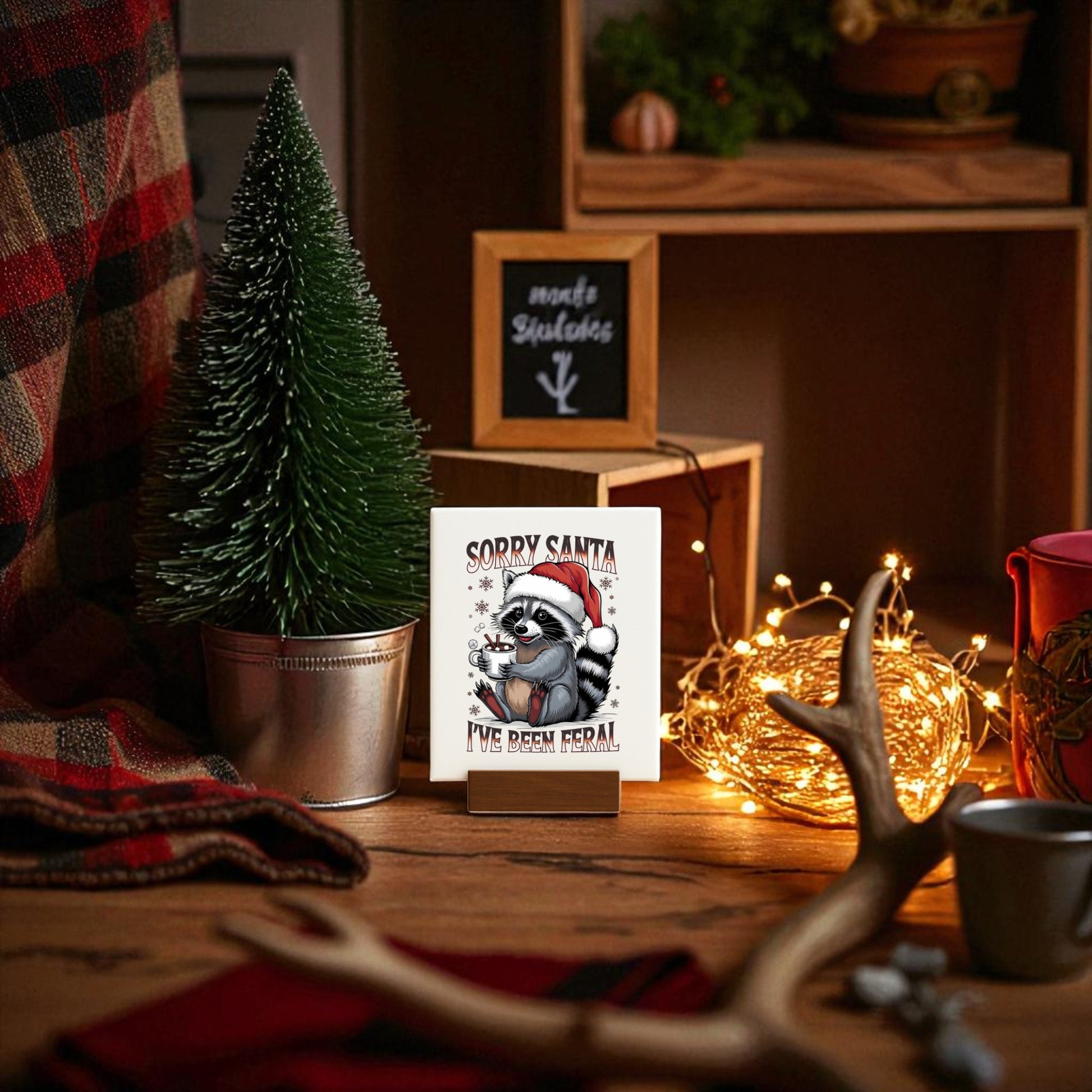 Create a festive display with the “Sorry Santa I’ve Been Feral” Sign by Mirabilia Boutique. This funny raccoon Christmas decor makes a quirky addition to your holiday setup or a unique Secret Santa gift, featuring a raccoon in a Santa hat.